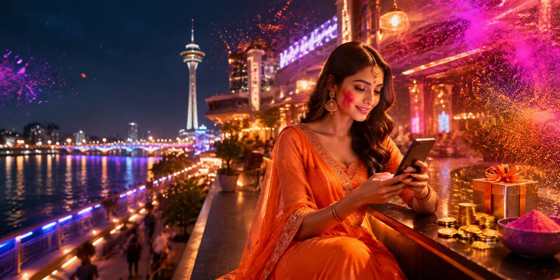 Ahmedabad riverfront with casino app during Holi festival