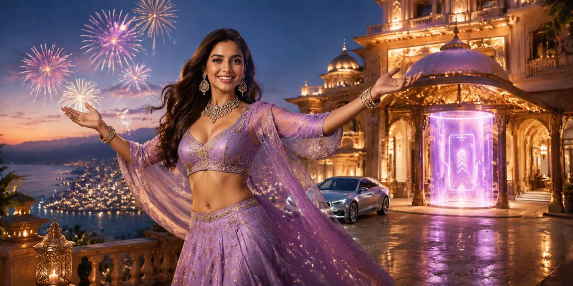 Indian user making mobile payment on stylish Bollywood-themed interface